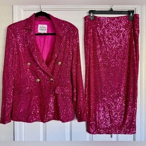 Alexia Admor Hot Pink Sequin Statement Abbi Blazer + Ana Midi Skirt Suit Set 6 S